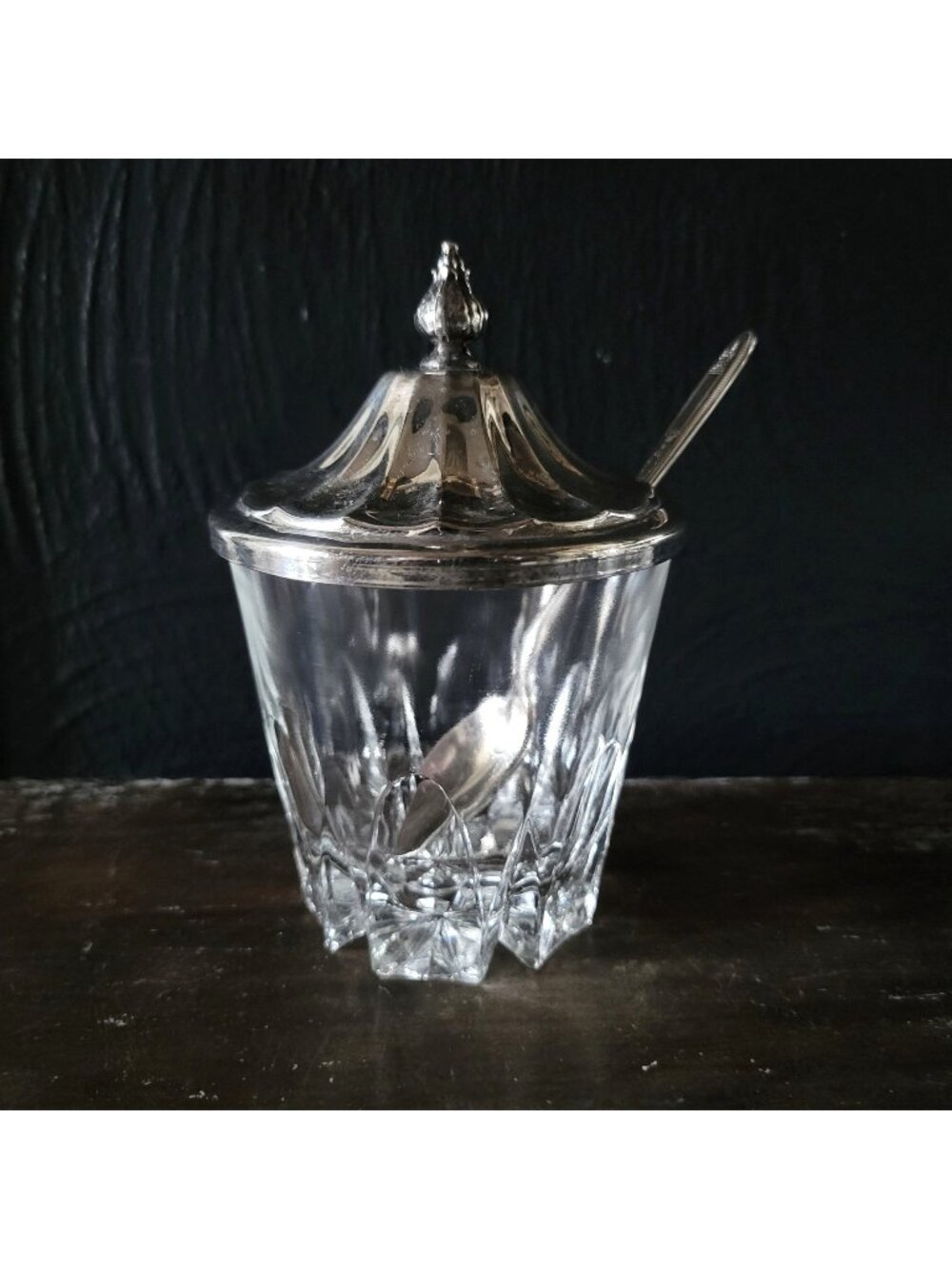Vintage Glass Jam Jelly Condiment Jar With Silverplate Lid and Spoon